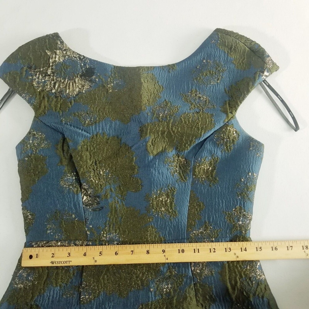 Vera Wang Brocade Dress Women Size 6 Dark Teal Green Metallic V-cut Back Lined - Picture 7 of 16